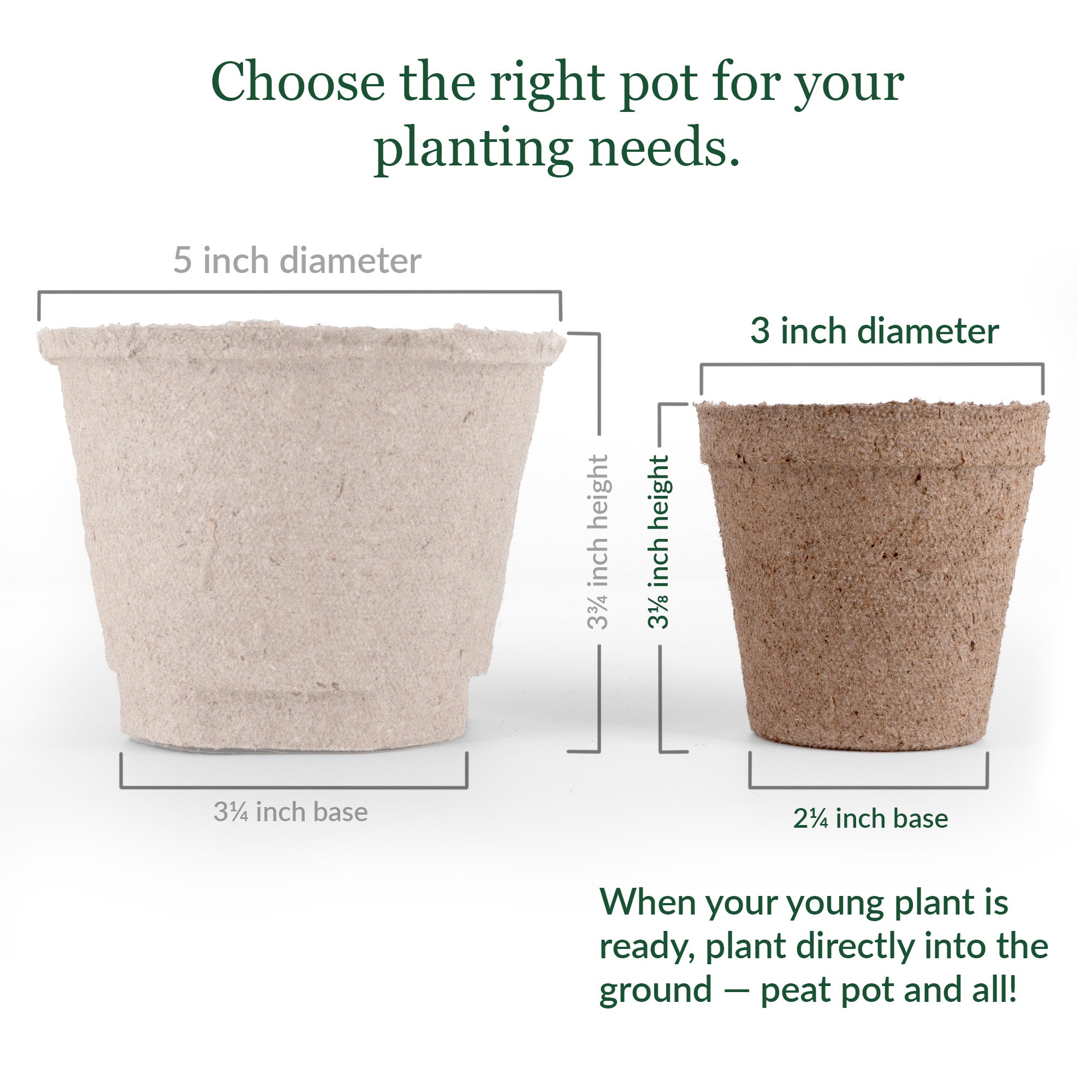 Two peat pots with measurements and text on a white background